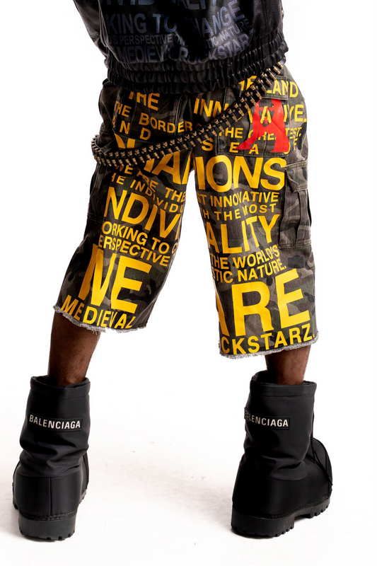 ARMY DENIM STATEMENT SHORTS